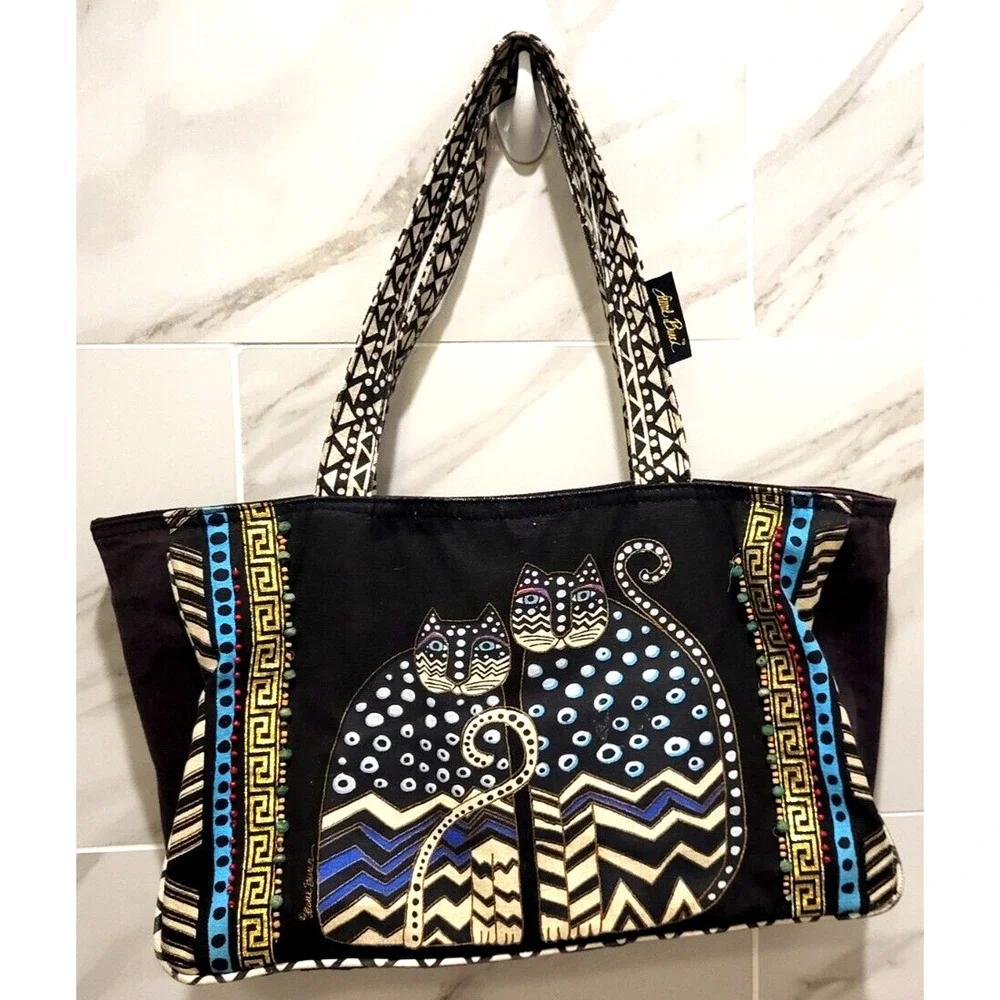 Laurel Burch Black Cotton Cat Tote Bead Trim Gold Braid Double Handles 16x9x4.5